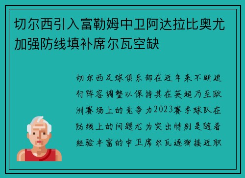 切尔西引入富勒姆中卫阿达拉比奥尤加强防线填补席尔瓦空缺